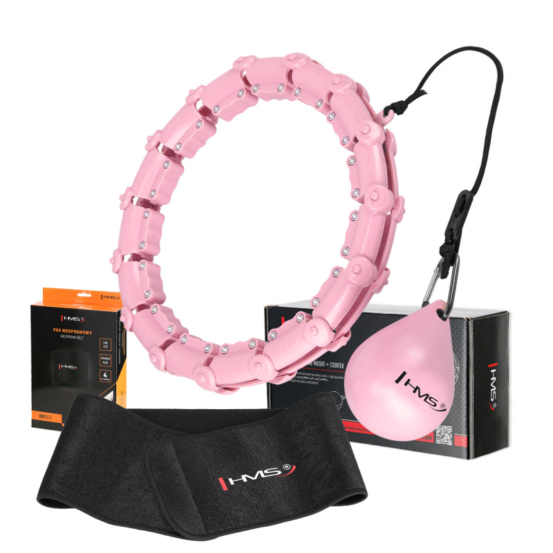 Zestaw hula hop HHW02 light pink z wypustkami i obciążnikiem HMS + pas BR163 black