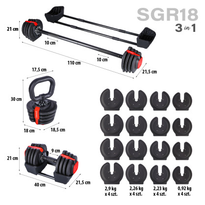 SGR18 PRO set 3W1 zestaw regulowanych sztangielek 41 KG HMS