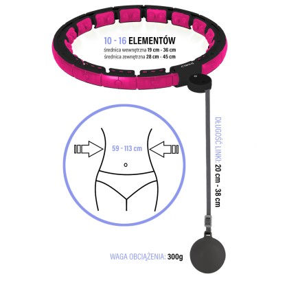 HHM16 hula hop black/pink z magnesami I obciążnikiem + licznik HMS