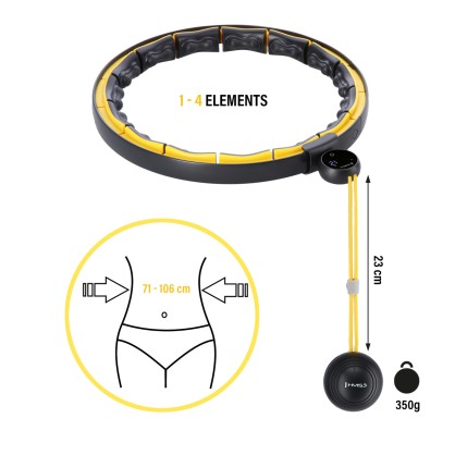 HHM21 hula hop black/yellow z magnesami, wypustkami tpe I obciążnikiem + licznik HMS