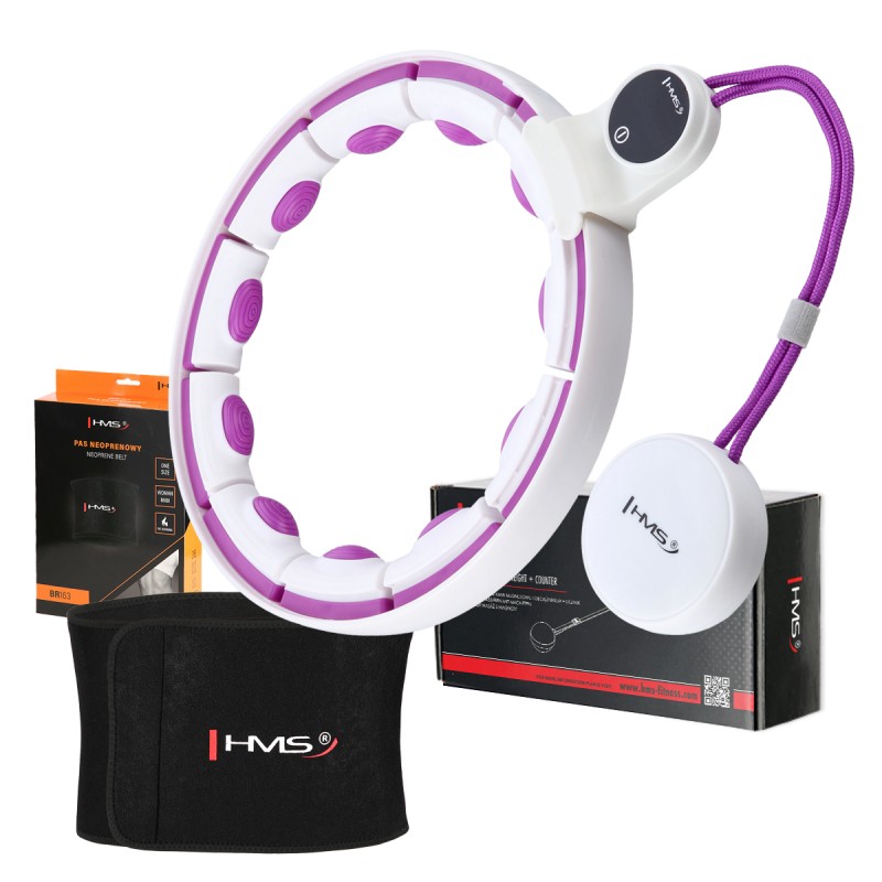 Zestaw hula hop magnetyczny white/violet HHM17 z licznikiem HMS + pas wyszczuplający BR163 black